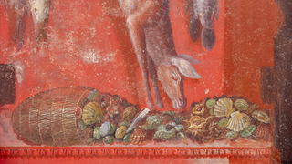 Close-up of a frescoed wall; it has a red background and shows a cornucopia with fruit and shells spilling out in the foreground. A pig carcass hangs from above.