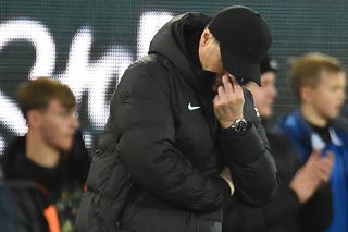 Chelsea manager Mauricio Pochettino shows his frustration during a Premier League game against Everton in December 2023.