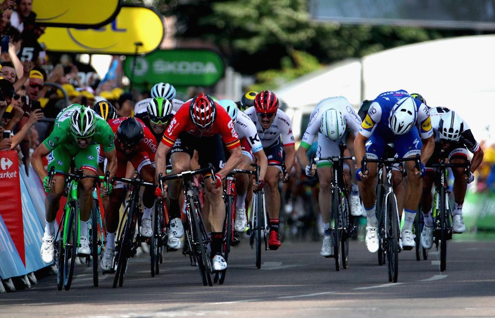 The sprinters approach the line during stage 6 at the Tour de France