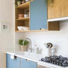 Scandi wood and blue cabinet kitchen