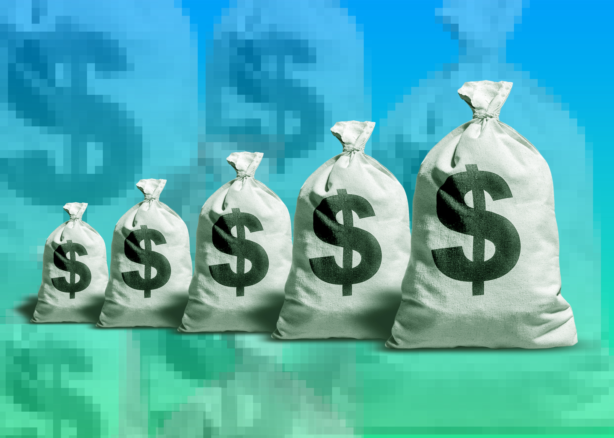 smaller to larger bags of money on a blue-green background