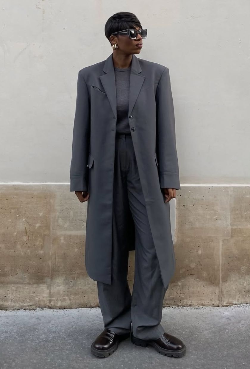@thevisuelofgrace wears a grey wool coat, jumper, tailored trousers and Chelsea Boots
