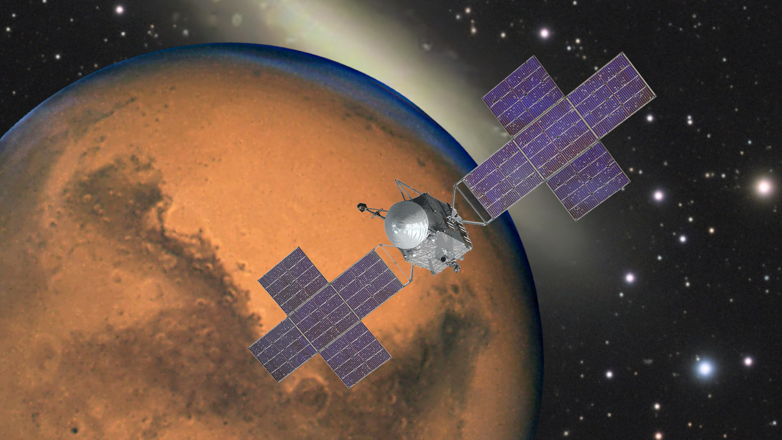 An illustration of Psyche whipping past Mars