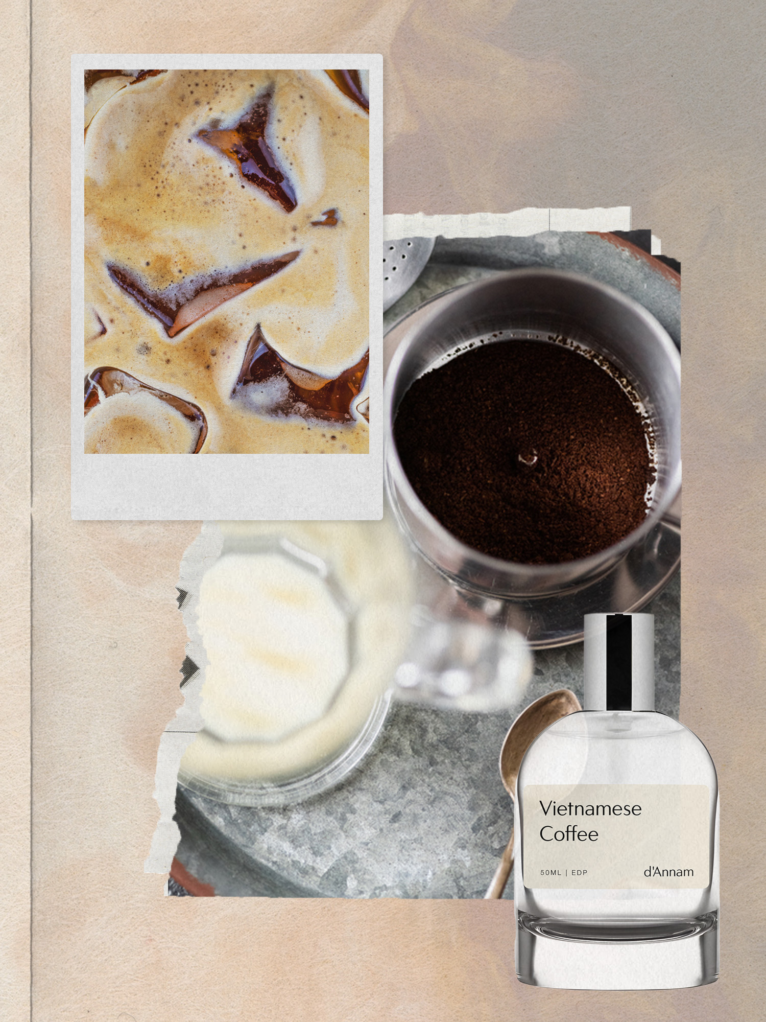 A collage of iced coffee, an overhead shot of a Vietnamese coffee phin and a glass of condensed milk, and a bottle of the d'Annam Vietnamese Coffee perfume.