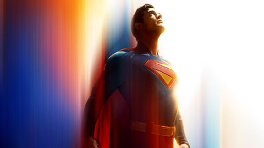 A screenshot of the official poster for James Gunn&#039;s Superman movie, which shows the titular hero flying into the sky