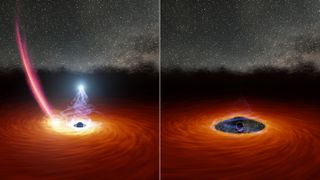 An artist's depiction of, on the left, a typical feeding black hole as a star falls prey to the massive object and, on the right, the briefly dimmed black hole state prompted by that star disrupting the black hole's accretion disk.