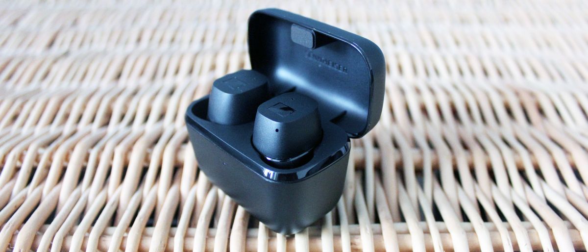 sennheiser cx true wireless earbuds in their charging case