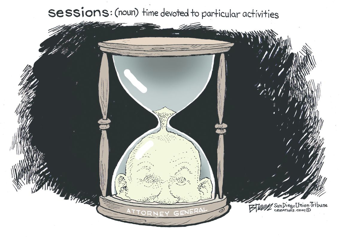 Political cartoon U.S. Sessions resignation hourglass | The Week