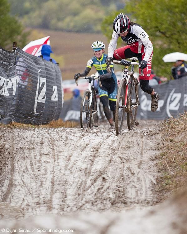 Erin Kummer (Timex) hops back on her bike.