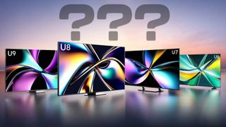 The Hisense 2025 TV lineup (U9, U8, U7 and U6) displaying colorful, abstract imagery in a row beneath three large, superimposed question marks