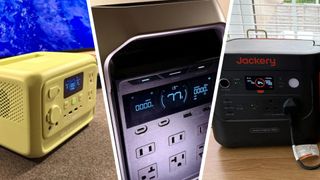 A Bluetti Elite 30 V2, EcoFlow Delta 3 Plus, and Jackery 2000 V2 in a three-way split during our testing