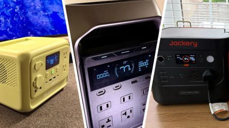 A Bluetti Elite 30 V2, EcoFlow Delta 3 Plus, and Jackery 2000 V2 in a three-way split during our testing