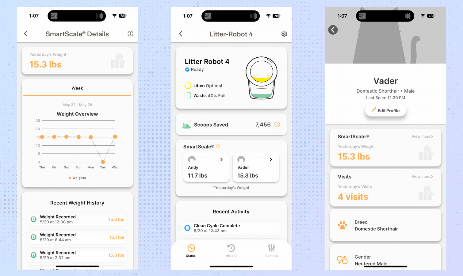 Whisker Litter Robot app screen shots.