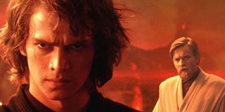 Anakin stands glaring into the camera as Obi-Wan stands behind him, looking concerned, in 'Star Wars Episode III: Revenge of the Sith'