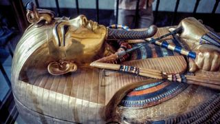 The sarcophagus (coffin) of the famed pharaoh Tutankhamun (King Tut) is on display at the Museum of Egyptian Antiquities in Cairo, Egypt.
