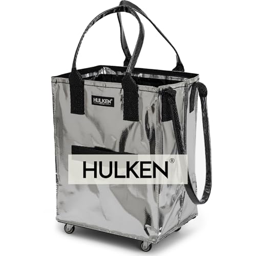 Hulken (medium, Silver) Reusable Grocery Bag on Wheels, Shopping Trolley, Rolling Tote, Zipper Closure, Lightweight, Carries Up to 66 Lb, Folds Flat, Unbreakable Handles