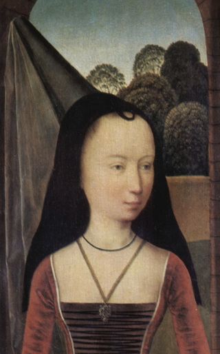 A young woman wearing a hennin hat.