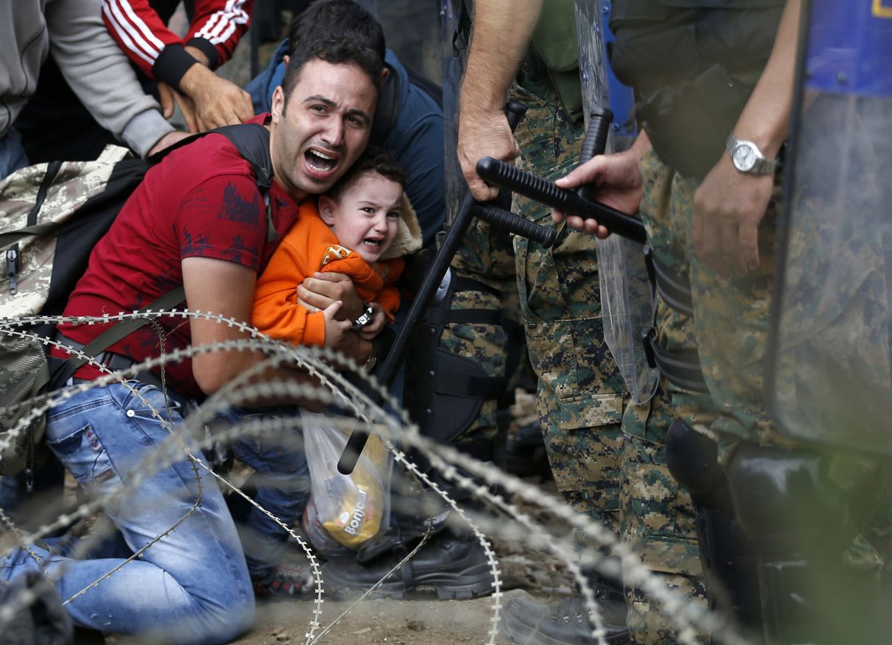 Migrants and Macedonian police clash near the border of Idomeni, Greece.