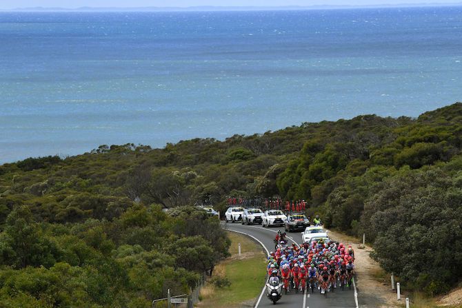 The race climbs away from Bells Beach on the coast