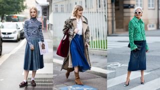 A composite of street style influencers showing how to style a denim midi skirt