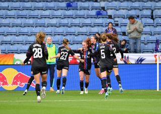 Annabel Blanchard of Crystal Palace Women celebrates scoring the second goal for Crystal Palace Women with team mates during the Barclays Women's Super League match between Leicester City and Crystal Palace at The King Power Stadium on October 6, 2024 in Leicester, England.