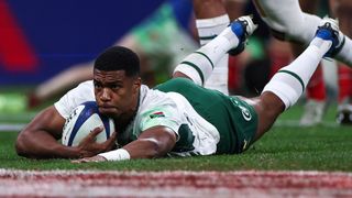 Grant Williams dives across the line to score his team's third try during the Autumn Nations Series international rugby union test match between France and South Africa at the Stade de France in Saint-Denis, Paris' suburb, on November 8, 2025. 