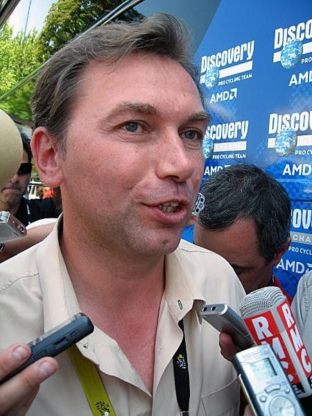 Discovery's Bruyneel speaks at the start of stage 17 about his rider taking the race overall lead due to Rasmussen's departure.