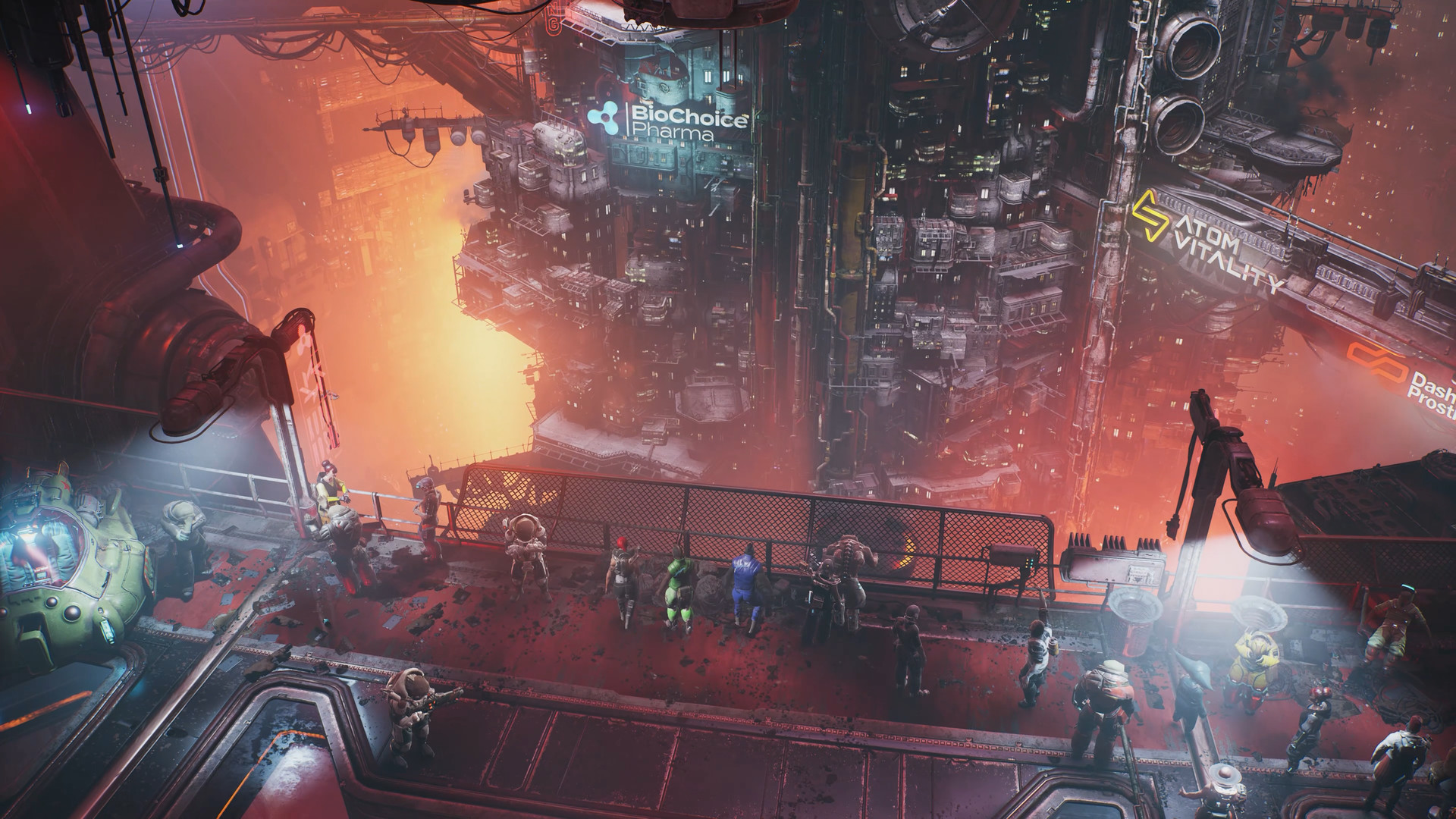 A group look out over a cyberpunk setting of a city made of metal, with a glowing red light illuminating the ground below in action-shooter RPG The Ascent