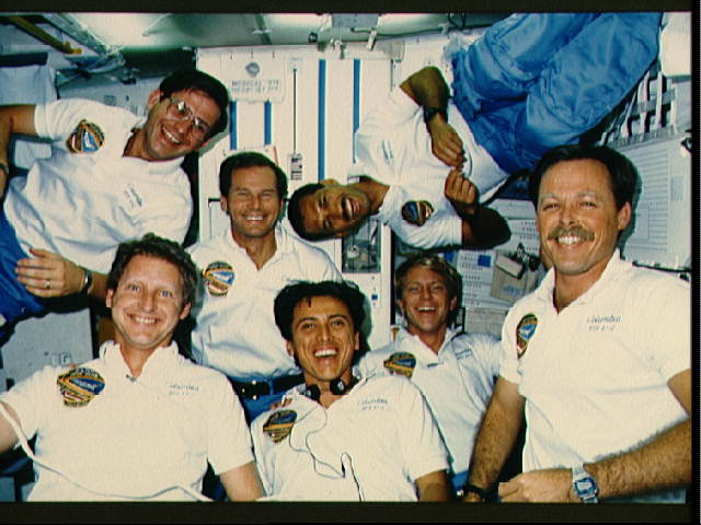 In-flight portrait of STS 61-C crew. Astronaut Robert L. Gibson (lower right corner), mission commander, is surrounded by fellow crewmembers, counter-clockwise from upper right: Astronaut Charles F. Bolden, pilot; U.S. Representative Bill Nelson (D.-Flori