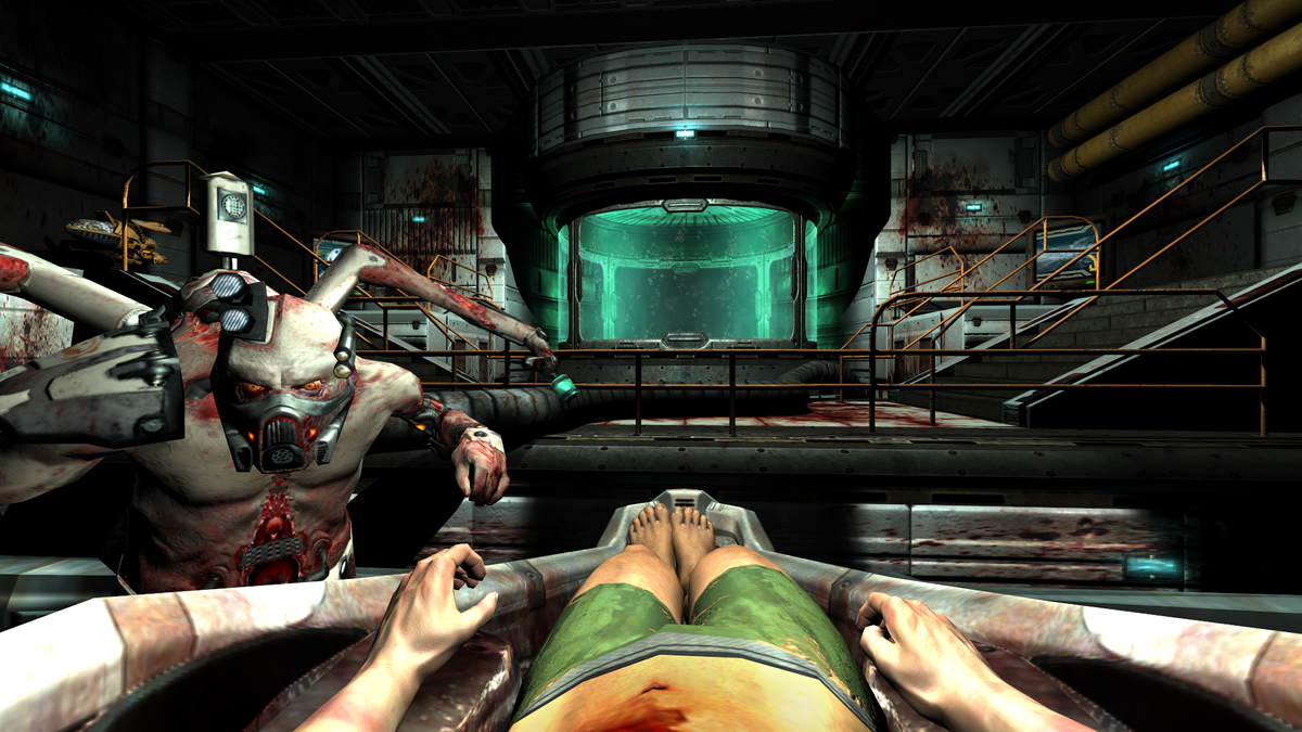 Quake 4&#039;s infamous Stroggification scene sees you strapped to a gurney while being eviscerated by machines.