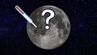Illustration of the temperature on the moon showing the moon against a background of stars. A large question mark is in front of the moon and a cartoon thermometer is to the left.