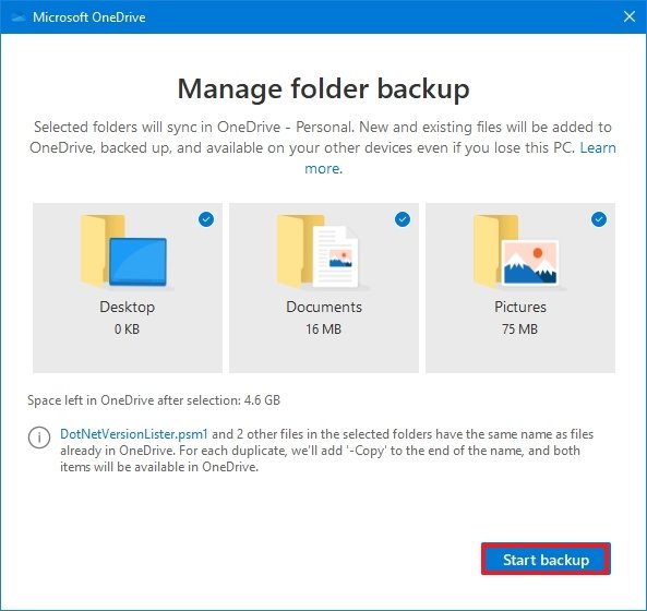 Mange folder backup on OneDrive