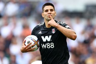 Aleksandar Mitrovic of Fulham celebrates his goal during the Premier League match between Tottenham Hotspur and Fulham FC at Tottenham Hotspur Stadium on September 03, 2022 in London, England.