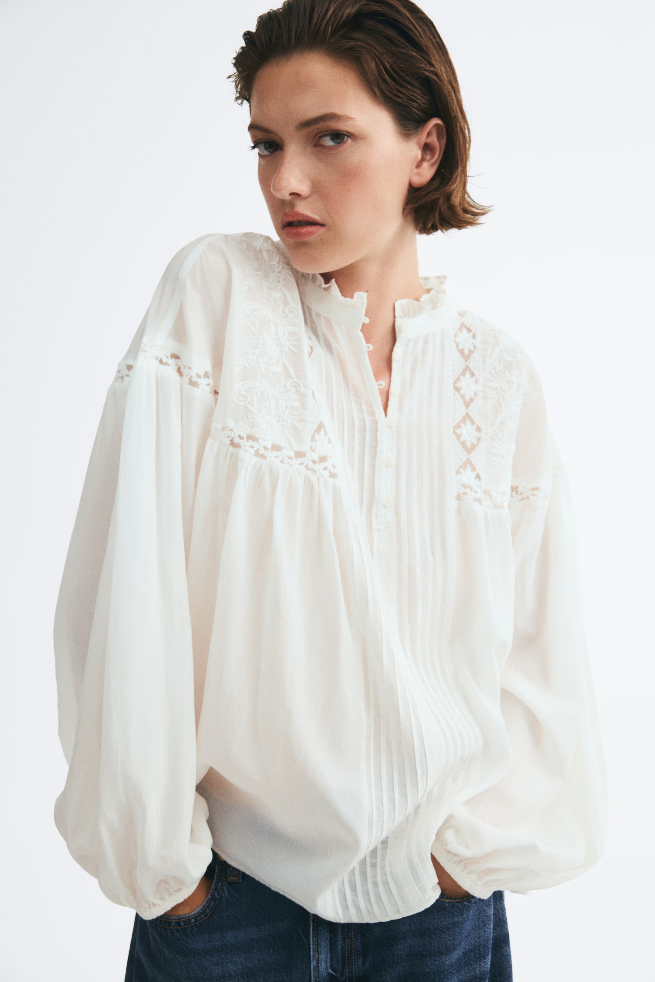 Lace-Inset Balloon-Sleeved Blouse