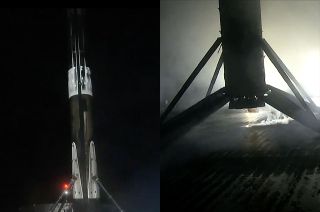 Two different views of black and white spacex falcon 9 rockets standing on droneships after landing.
