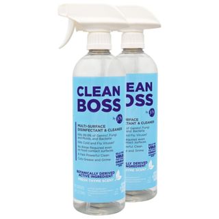 Two clear spray bottles with blue labels