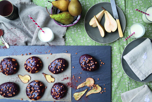 pear and chocolate doughnuts