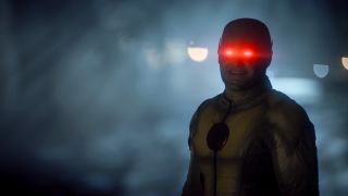 Matt Letscher suited up as Reverse-Flash with eyes glowing red
