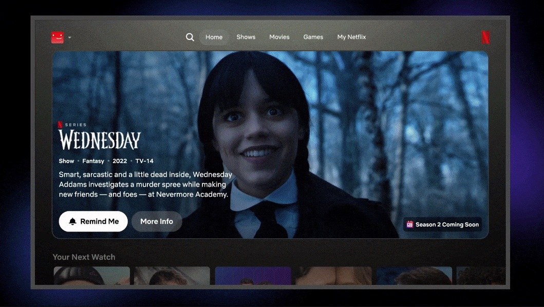The new Netflix home screen with the title card for the next season of "Wednesday" and a tag that says "coming soon."