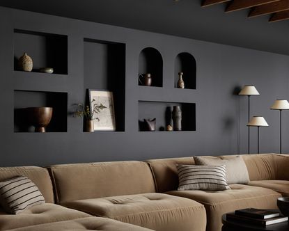 A black living room wall with niches