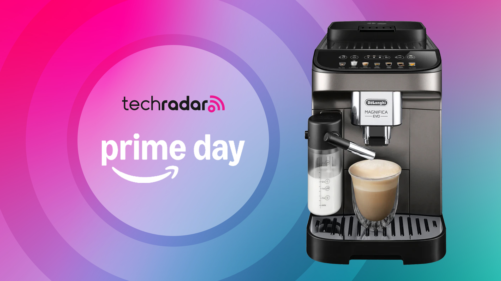 De&#039;Longhi coffee machine on pink and blue background with text &#039;TechRadar Prime Day&#039;