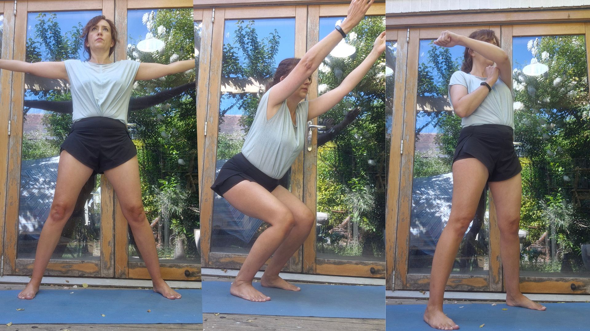 Kerry Law doing standing exercises in the Meredith Shirk workout, including squat reaches, cross over punches, and stretches
