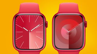 Twee Apple Watch Series 9 Product Red-varianten tegen een oranje achtergrond