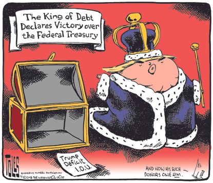 Political cartoon U.S. Trump king of debt federal treasury deficit