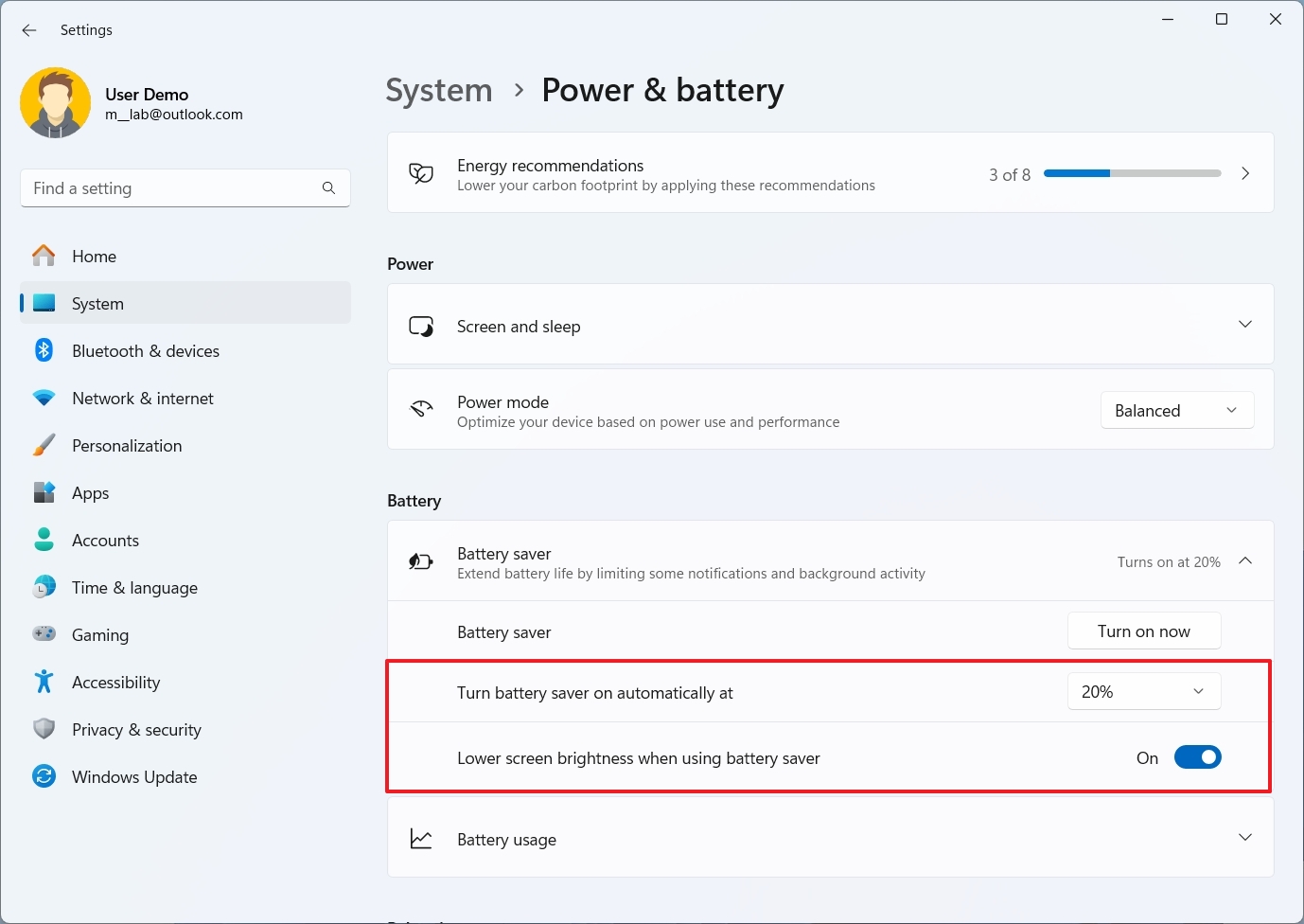 Battery saver lower brightness setting