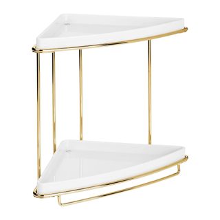 A 2-tier storage shelf in white and gold