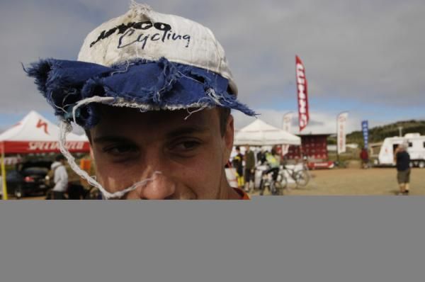 Josh Button sporting a slightly damaged Jayco hat before racing.