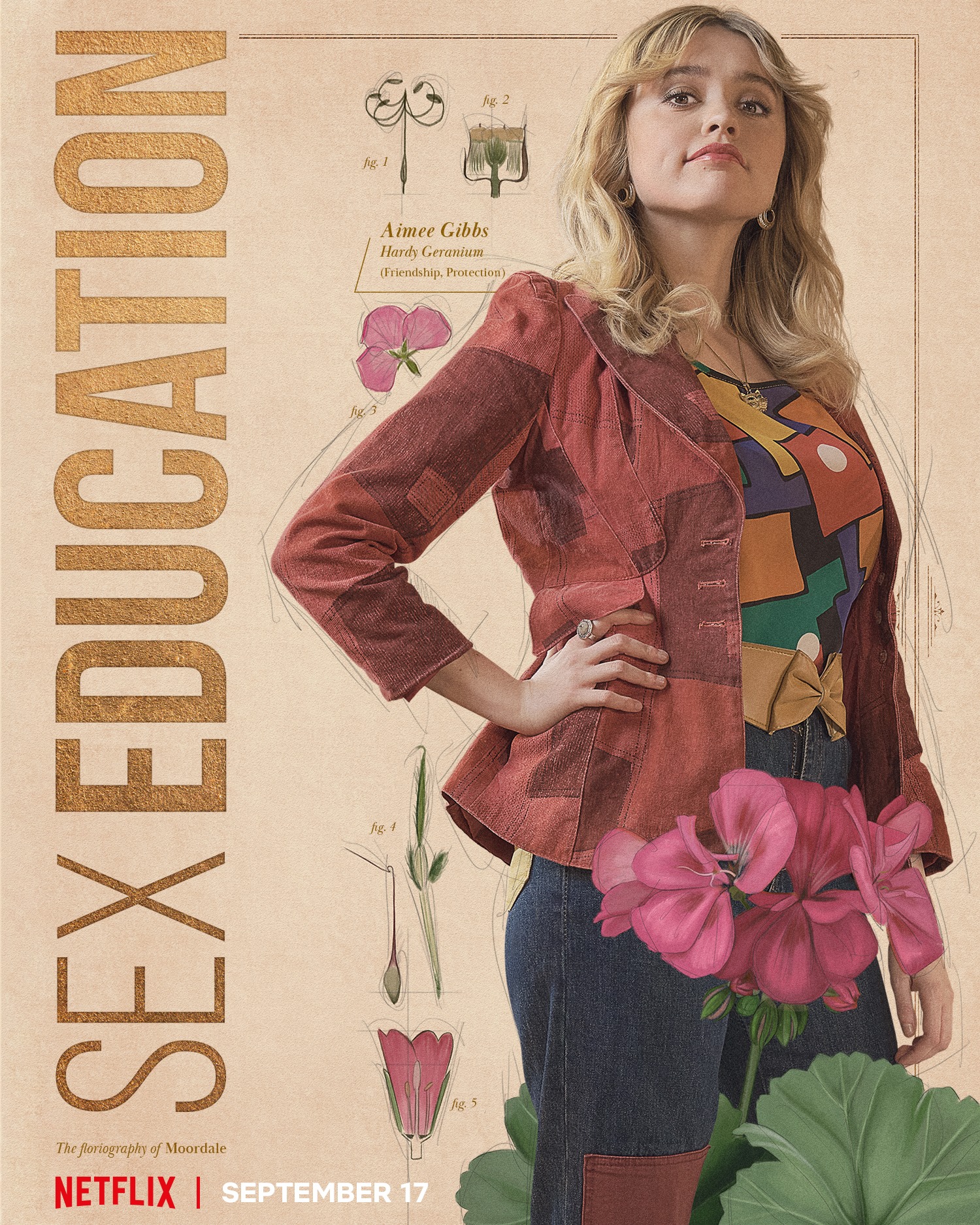 Aimee Lou Wood as Aimie Gibbs, partnered with an illustration of a Hardy Geranium