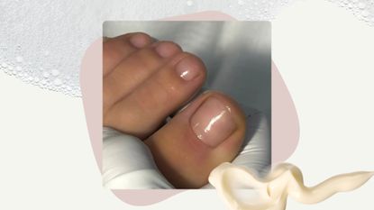 A close-up of a foot with a clean pedicure by nail artist Milly Mason (@millymason_)/ in a cream template with a bubble bath overlay and a foot cream swatch