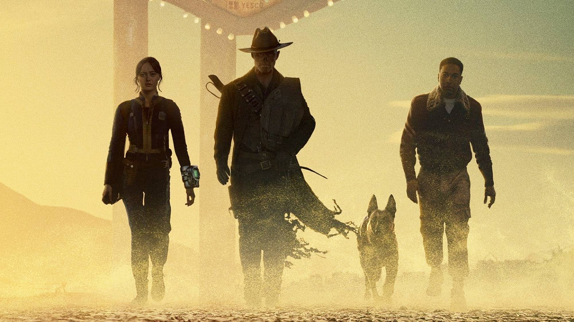 Ella Purnell as Lucy, Walton Goggins as the Ghoul, and Aaron Moten as Maximus in "Fallout" season 2 poster